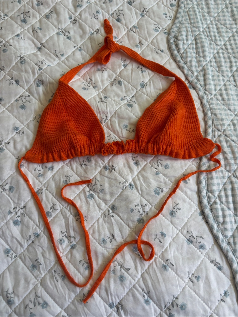 Knitted Orange Ribbed Triangle Bikini Top